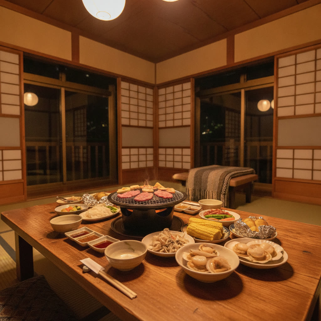 A dinner of Hokkaido ingredients enjoyed in a lodging's dining room (illustrative image)