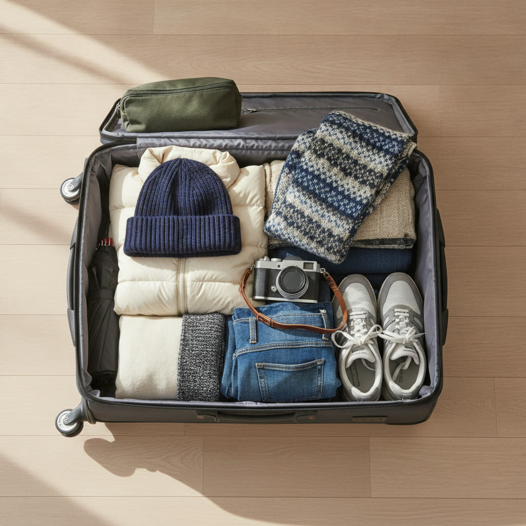 Packing for a Hokkaido trip (illustration)